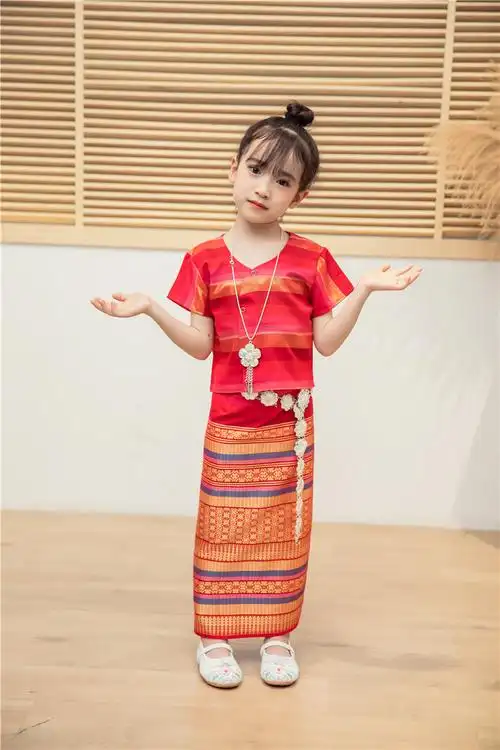 六一演出服新款傣族女童演出服泼水节六一学生舞蹈表演服装简梓大红色