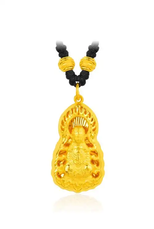黄金观音吊坠男女款9999足金火焰平安观音菩萨男士金挂坠送黑绳礼物