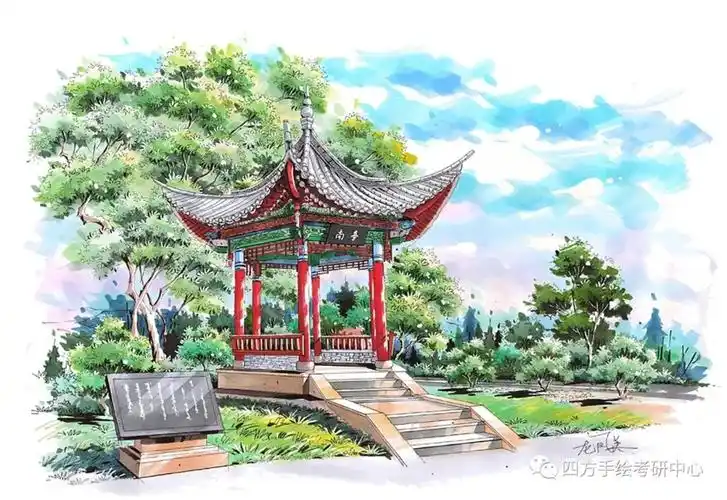 关注  手绘 园林景观 效果图 四方手绘 考研