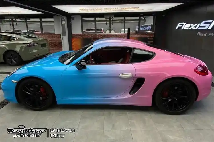 保时捷cayman汽车改色贴膜teckwrap美国秃鹰 粉蓝渐变