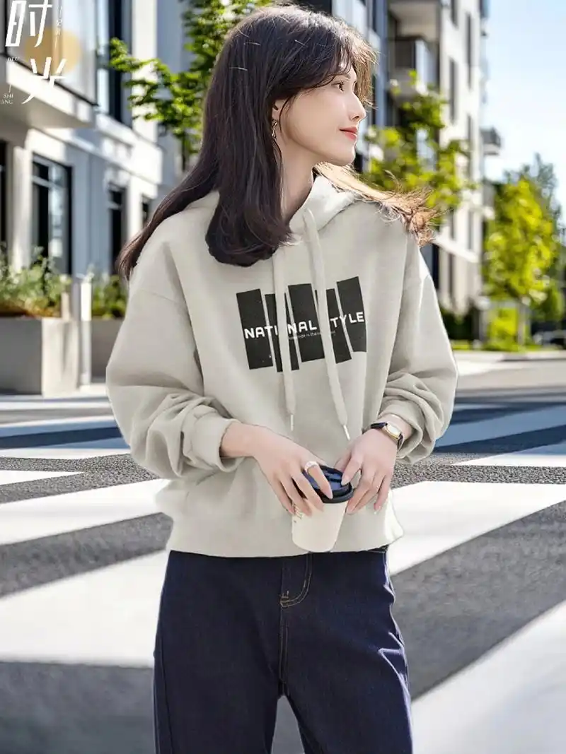 抽绳印花连帽卫衣女春装2025新款宽松休闲帽衫#百搭显瘦上衣