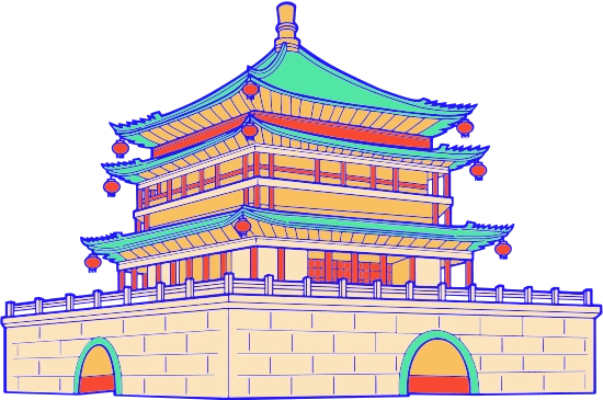 中国城市线描漫画风插画钟楼