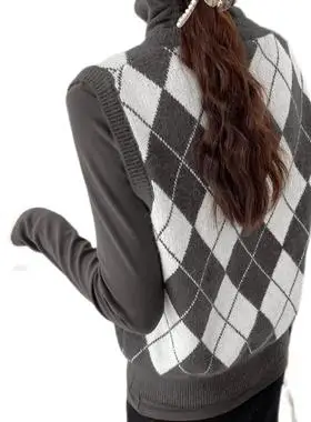 秋冬款复古背心双色菱形v领针织马甲女修身显瘦外穿无袖毛衣坎肩