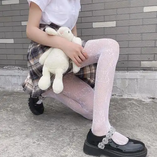 日系ins猫咪提花镂空渔网袜暗黑丝袜jk萝莉少女薄款白丝学生打底