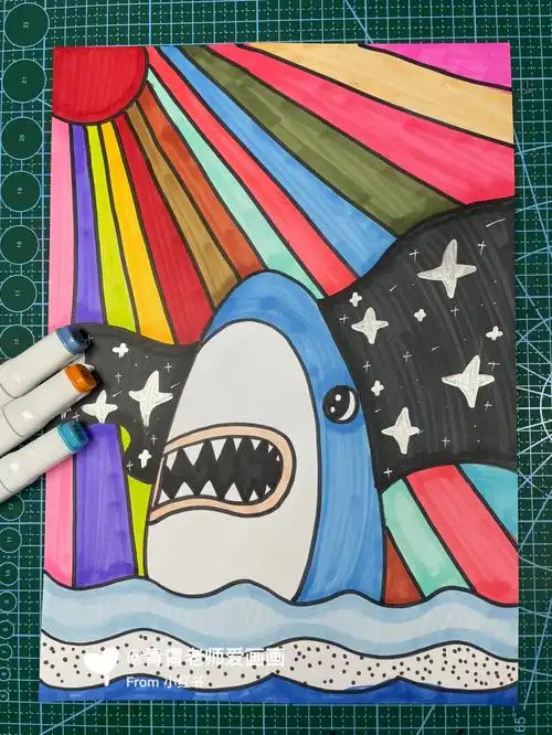 儿童画  #鲨鱼  #鲨鱼裤  #鲨鱼齿男孩  #创意儿童画  #马克笔