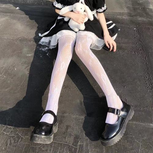 纯欲镂空袜夏季薄款可爱过膝少女丝袜 定制款 蕾丝小腿黑 白【图片