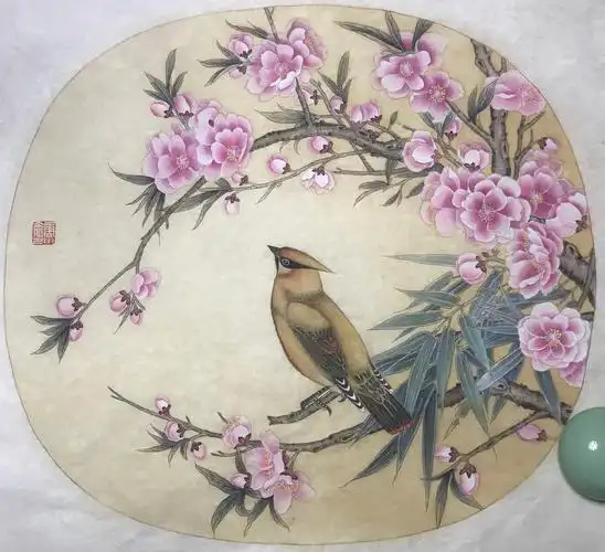 蓝紫工笔花鸟画:《太平桃花图》