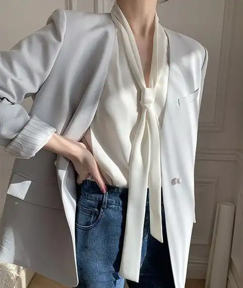 百搭又优雅的法式"飘带衬衫",穿上美成仙|领口|裙子|蝴蝶结|长裙|牛仔