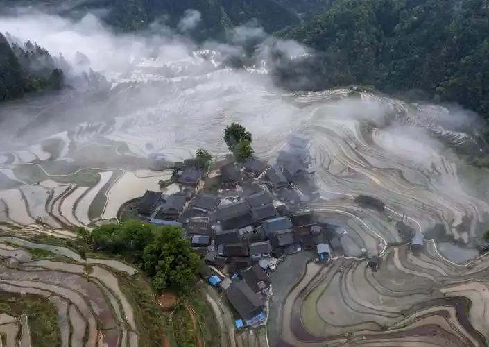 贵州黔东南加榜梯田云雾缭绕