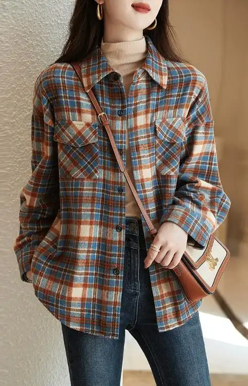 格子衬衫外套2022冬季新款今年流行漂亮休闲衬衫