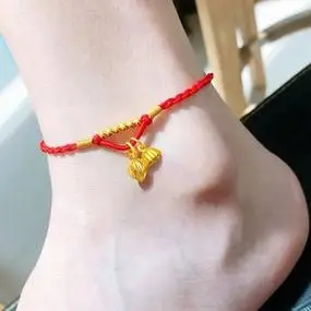 999足金两世欢莲花莲蓬黄金脚链女红绳转运珠手链女纯金珠金脚饰
