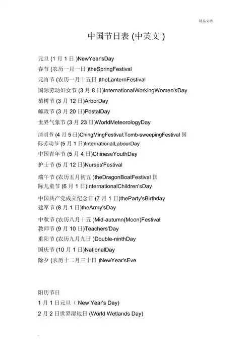 中国节日表中英文