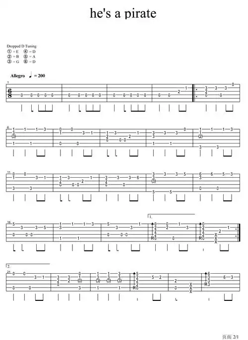 he is a pirate 加勒比海盗吉他谱_其他乐谱_歌词曲谱