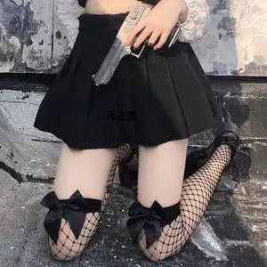 黑色蝴蝶结网袜女大腿袜防滑辣妹超薄款镂空渔网丝袜过膝长筒袜
