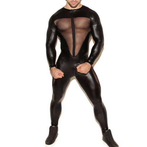 男士连体衣紧身漆皮塑身镂空演出派对肌肉男走秀ds夜店双拉链开裆