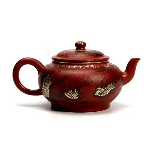 衍古造器制虚扁紫砂壶描金墨绘