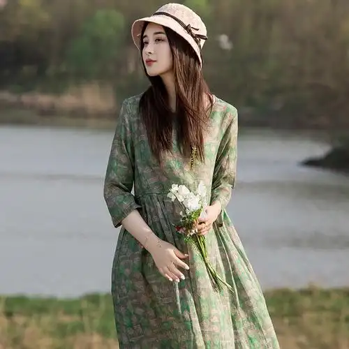 纯苎麻小碎花裙子夏连衣裙中国风仙女裙2019新款棉麻夏天薄款长裙