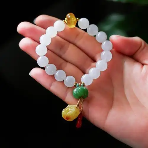 天然和田玉白玉10mm手串搭配蜜蜡瓜珠绿松石蜜蜡小貔貅南红小葫芦