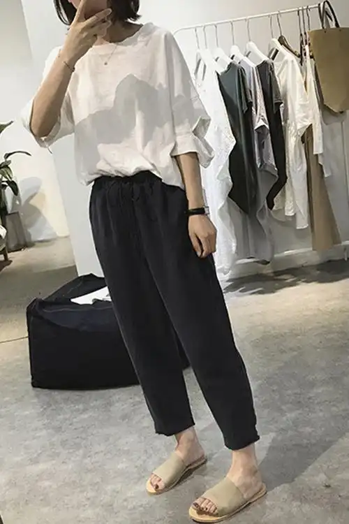 夏季薄款九分棉麻哈伦裤女高腰小脚亚麻萝卜休闲裤子