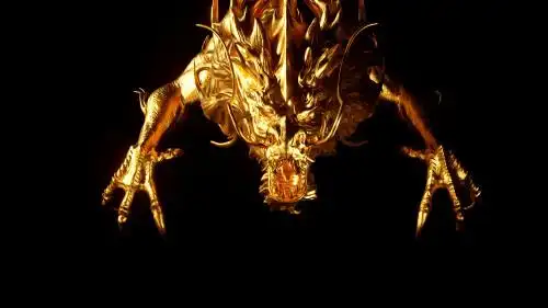 三维渲染的金色中国辉光龙孤立在黑色的背景