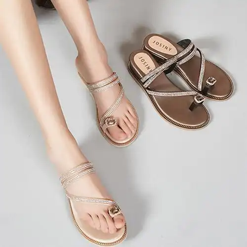 卓诗尼拖鞋女2019新款夏季百搭潮流水钻坡跟夹脚时尚外穿凉拖女鞋