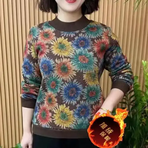 女士秋冬印花圆领加绒加厚外贸打底衫百搭宽松妈妈装长袖小衫上衣