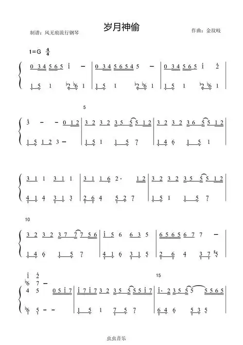 岁月神偷-金玟岐〖数字简谱〗钢琴谱-风无痕流行钢琴-虫虫钢琴