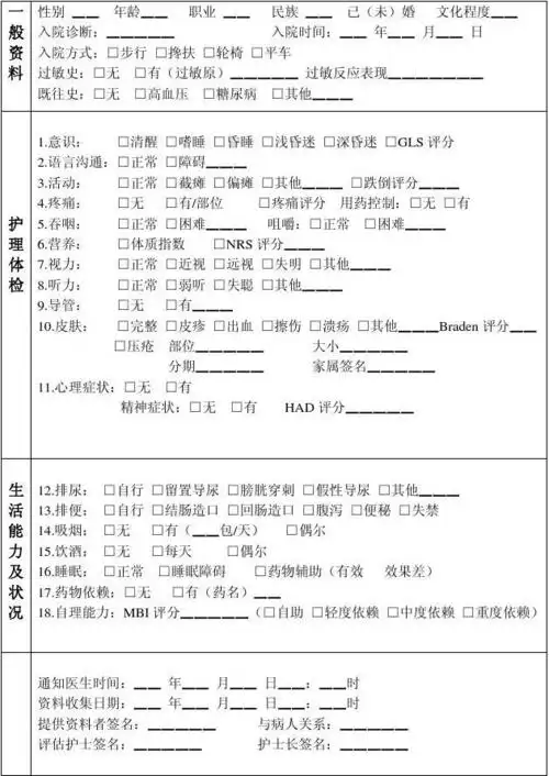 病人入院护理评估单