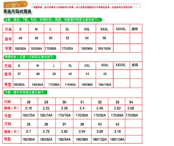 衣服尺码对照表(完美版)