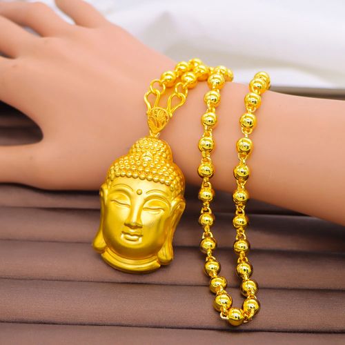 越南沙金空心大佛头吊坠黑绳项链挂坠佛像镀金色仿真黄金大佛坠子