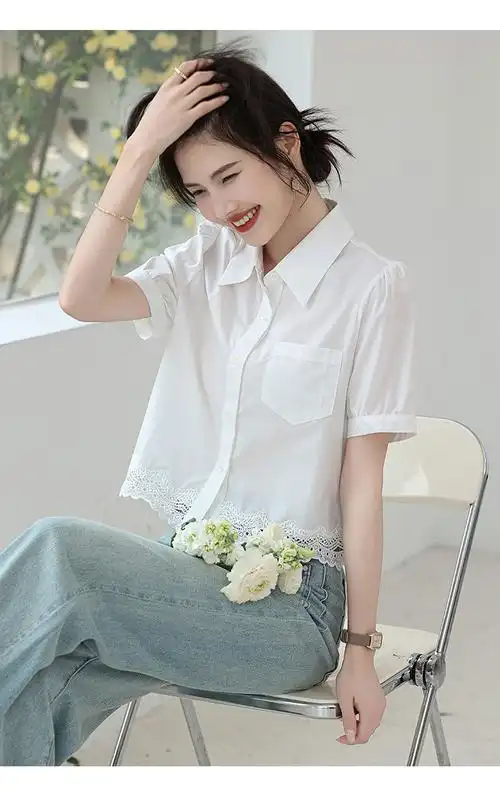 实拍蕾丝拼接白色衬衫女2025年夏季新款设计感短袖衬衣短款上衣