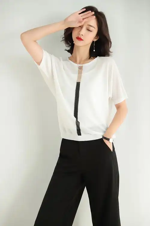 狮洛丹 冰丝t恤女士夏装新款短袖女2020新款针织打底衫薄款宽松上衣