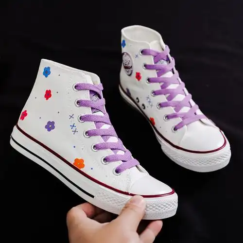 女鞋高帮帆布鞋男女款潮鞋子休闲搭手绘板鞋休闲鞋子 x-473黑手绘菊花