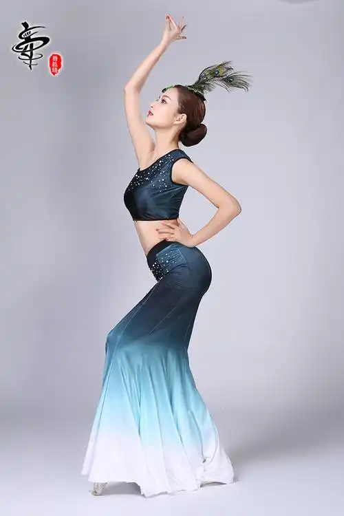 新款傣族舞蹈演出服装孔雀舞修身包臀鱼尾裙成人女艺考练习裙定制