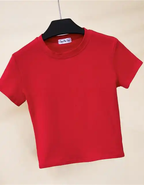 高领短袖露脐t恤女夏装紧身漏肚脐打底衫短款高腰纯色运动上衣 大红色