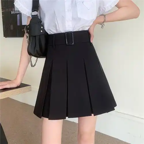 大码夏季半身显瘦高腰mmins百褶裙黑色走光半身裙