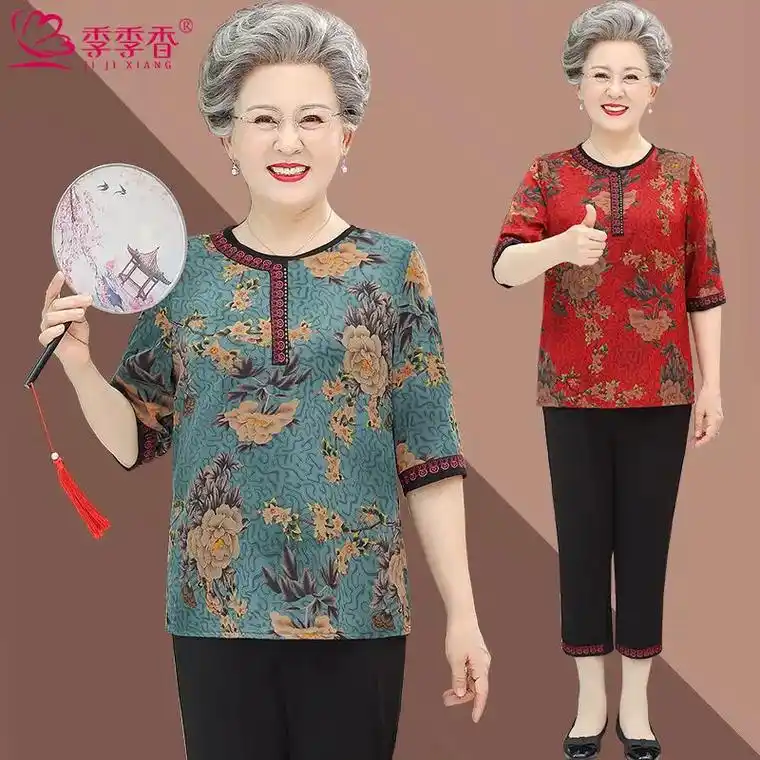 中老年妈妈夏装中袖t恤50岁60奶奶装夏季民族风上衣洋气休闲 - 抖音