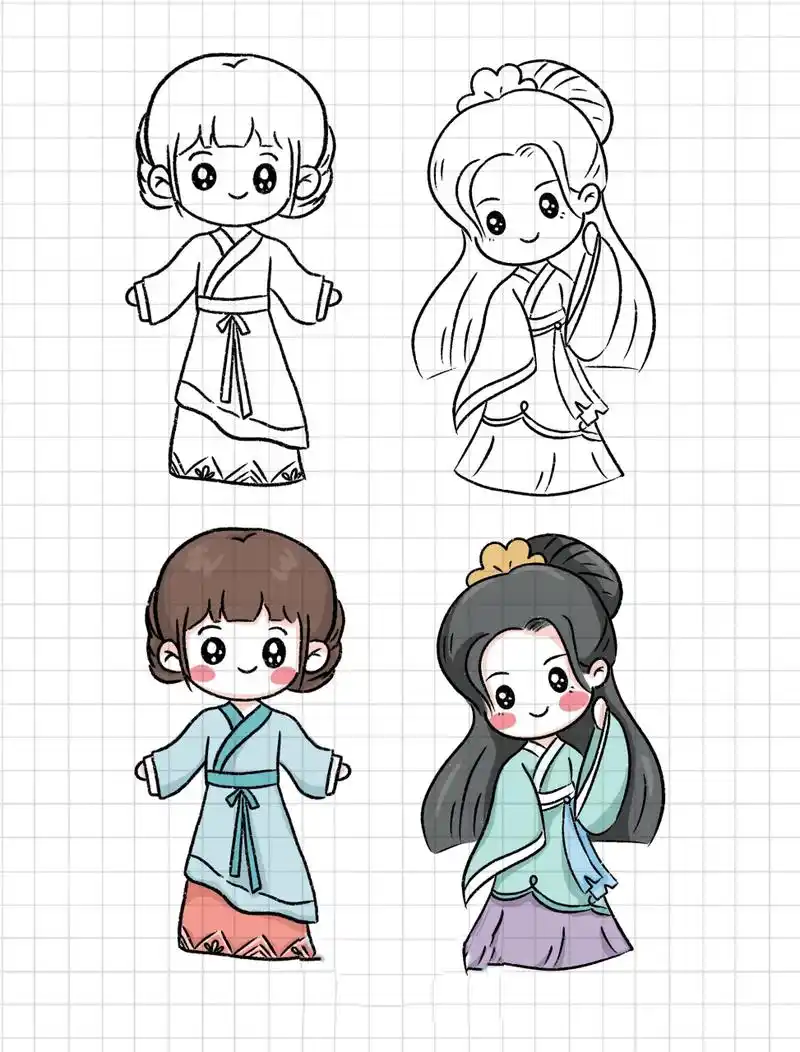 简笔画|简单可爱古风人物女孩小姐姐线稿 临网络 人生就像储蓄罐 你