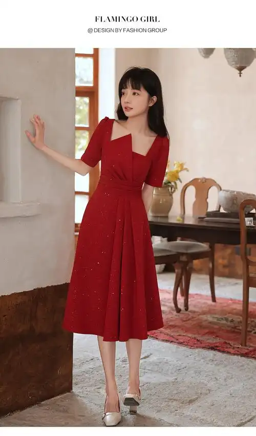 敬酒服夏季漂亮女生穿的新娘大气酒红色平时可穿订婚连衣裙回门小礼服