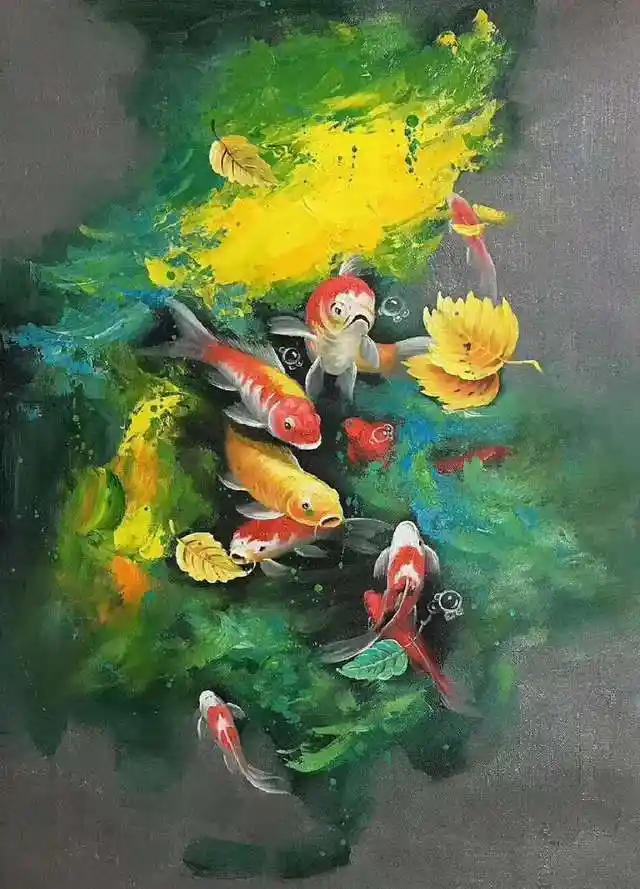 手绘油画 风水画 六六大顺 九鱼转运图 按中国风水学理念创作