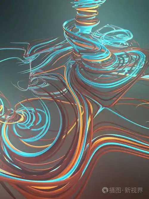 交织抽象的蓝色曲线计算机生成的几何图形三维渲染