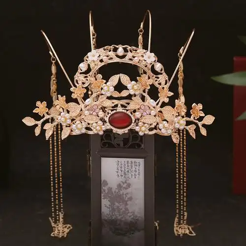 汉服女发冠步摇长流苏古风配饰明制古典气质顶冠秀禾头冠古装饰品