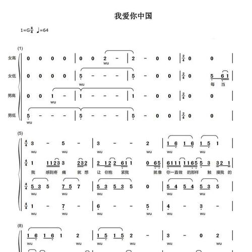 我爱你中国合唱  g调  改编汪峰版 简谱高清