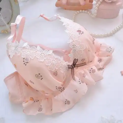 娜bomina日系雪纺刺绣甜美清新可爱深v有钢圈薄罩杯少女内衣文胸套装