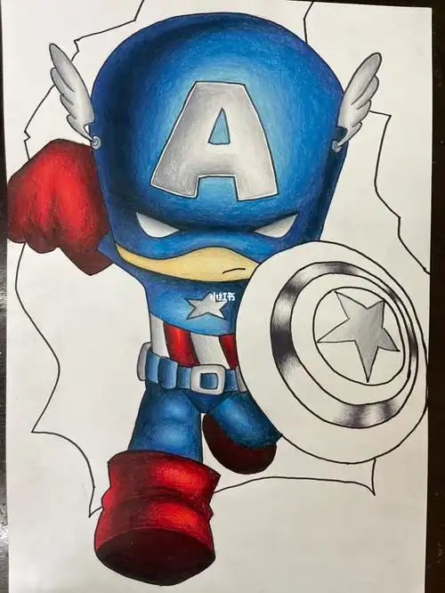 美国队长彩铅笔手绘