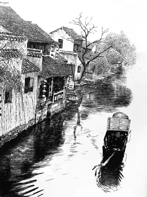 钢笔画江南水乡古镇
