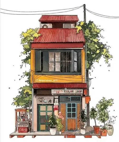 街边小店街景建筑物水彩插画