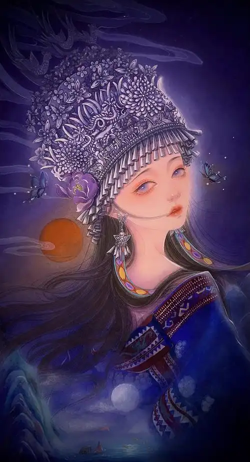 原创水彩插画苗族姑娘