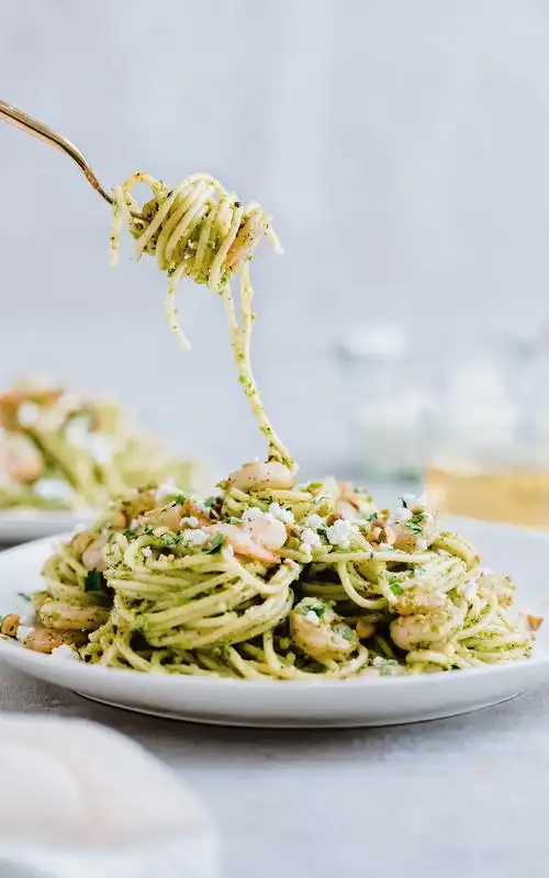 date night in cilantro pistachio pesto shrimp pasta