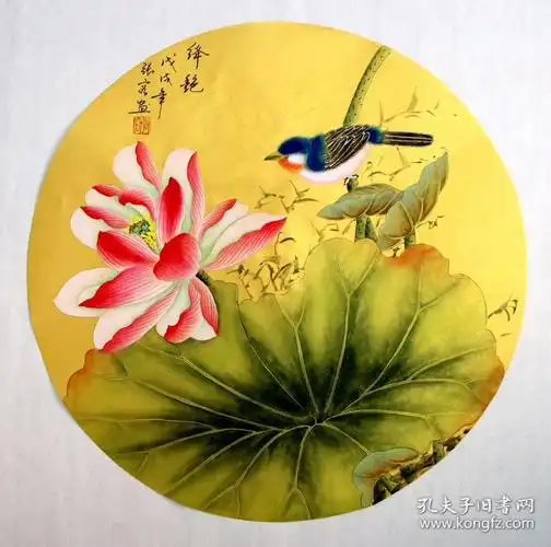 张容国画精品工笔泥金圆心花鸟画尺寸直径约47厘米 ,单付